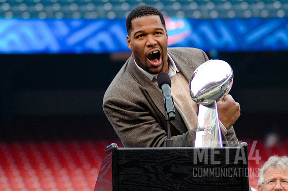 Michael Strahan with Super Bowl Trophy | Super Bowl XLII Celebration at Giants Stadium