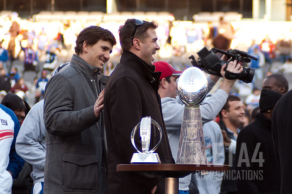 Eli Manning with the Super Bowl XLVI Trophy | Super Bowl XLVI Celebration at MetLife Stadium