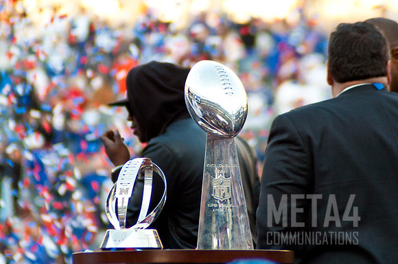 Super Bowl XLVI and NFC Championship Trophies.| Super Bowl XLVI Celebration at MetLife Stadium